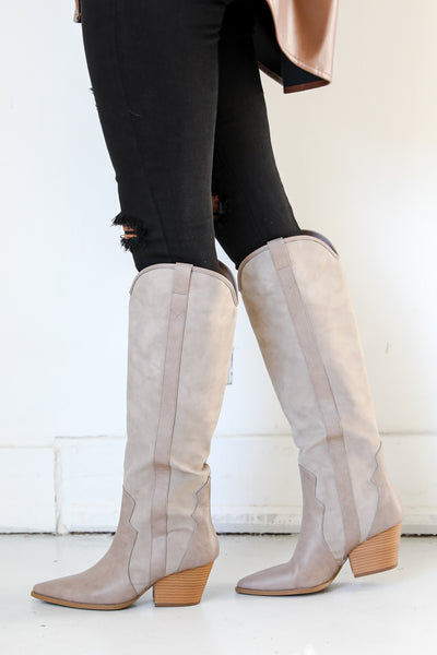taupe Western Knee High Boots side view on model