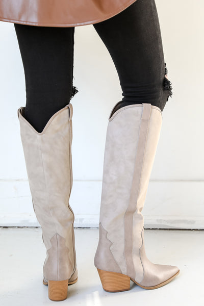 taupe Western Knee High Boots back view