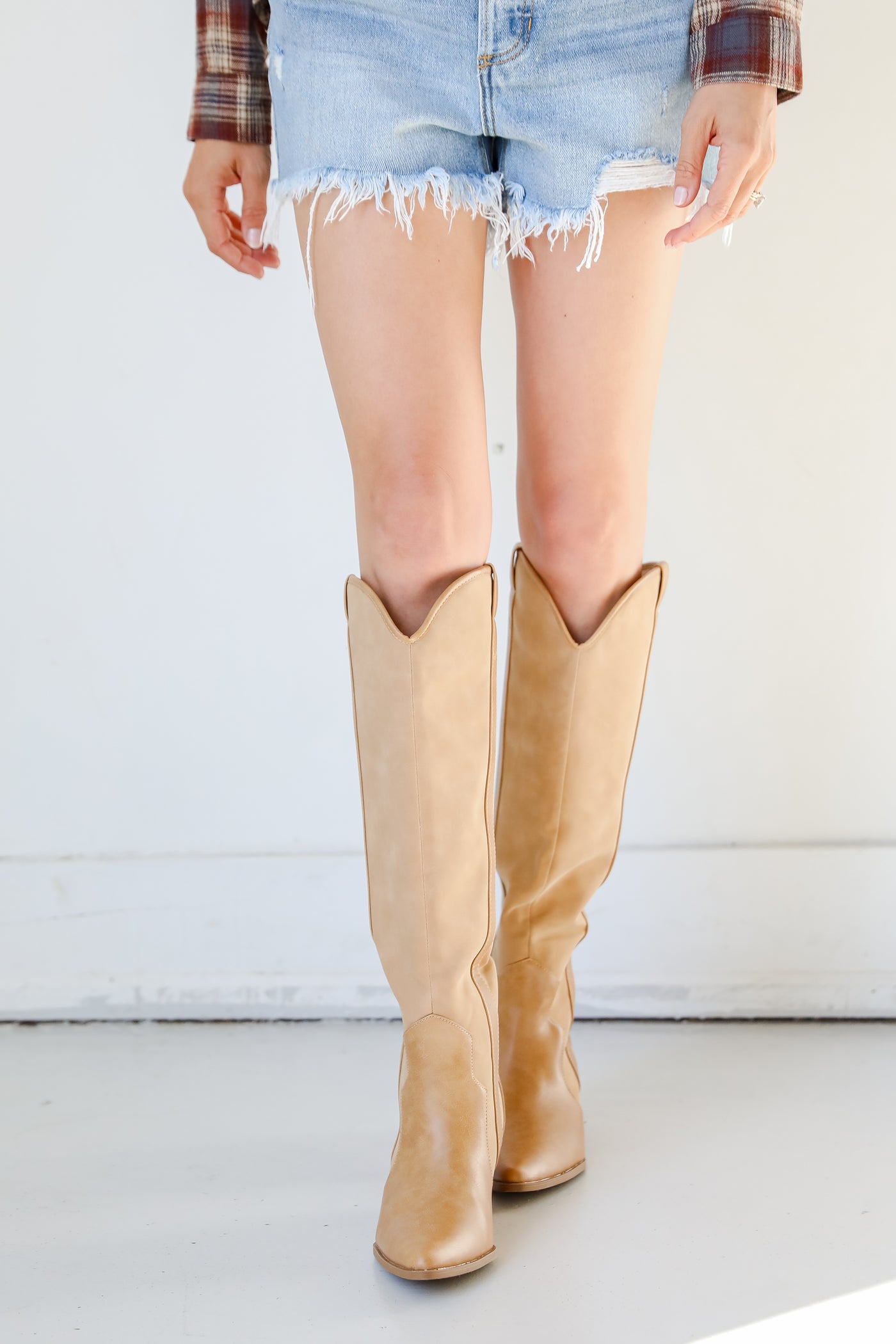 tan Western Knee High Boots front view