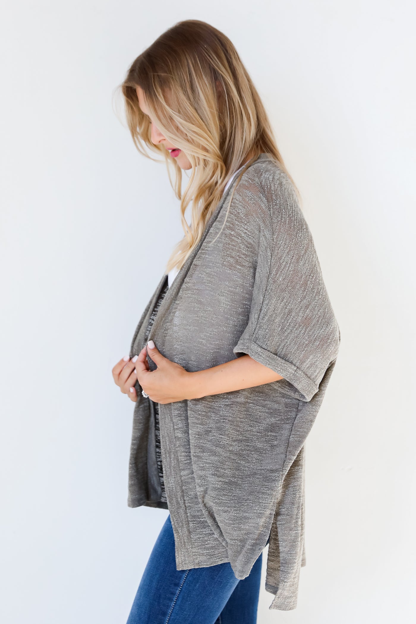 olive knit Cardigan side view