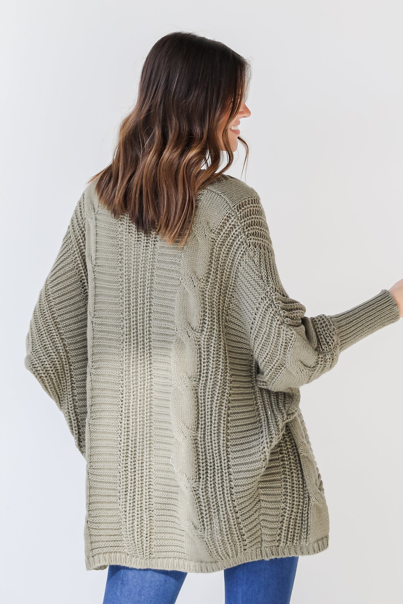 Sweater Cardigan in olive back view