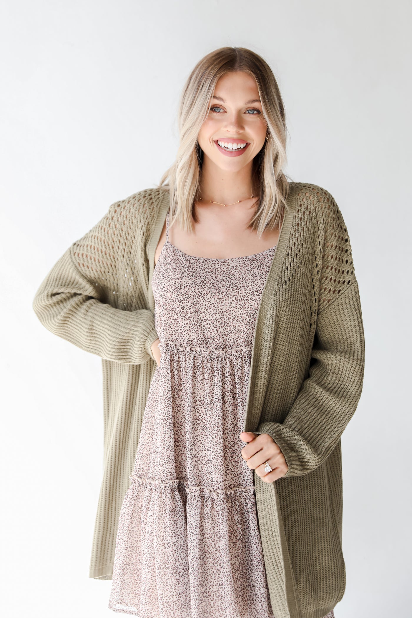 olive knit cardigan front view