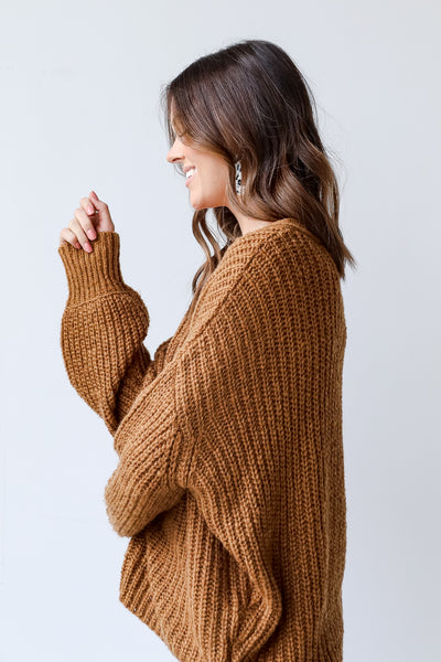 Sweater Cardigan in camel side view