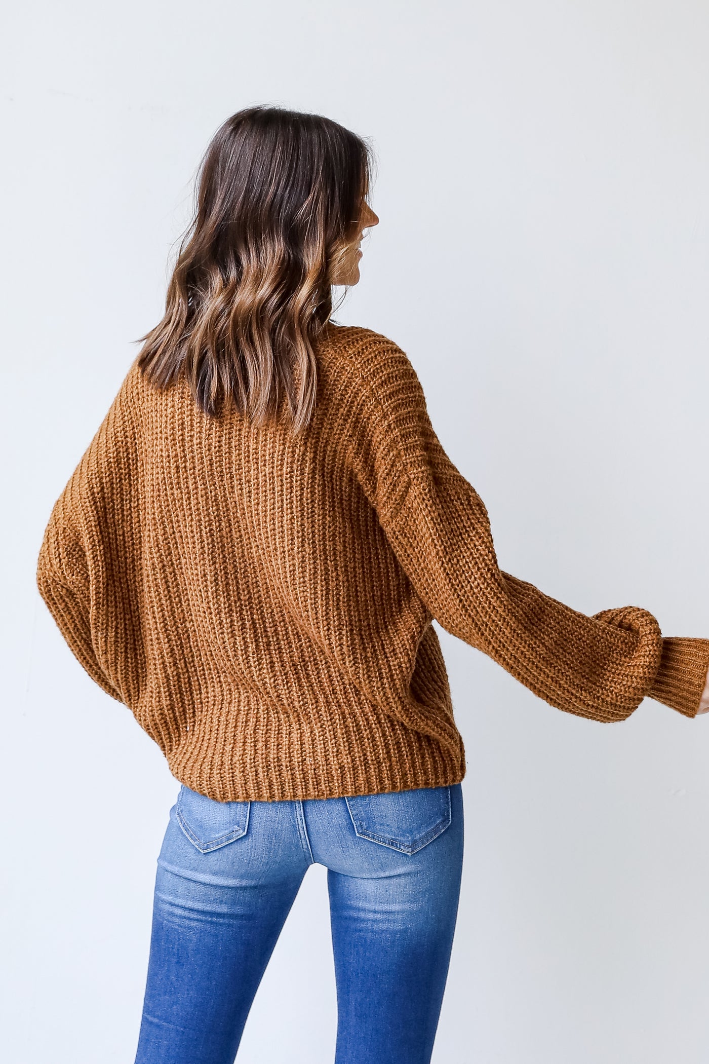 Sweater Cardigan in camel back view