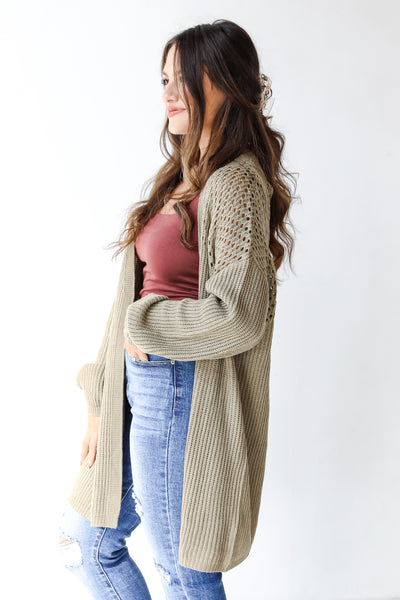 olive knit cardigan side view