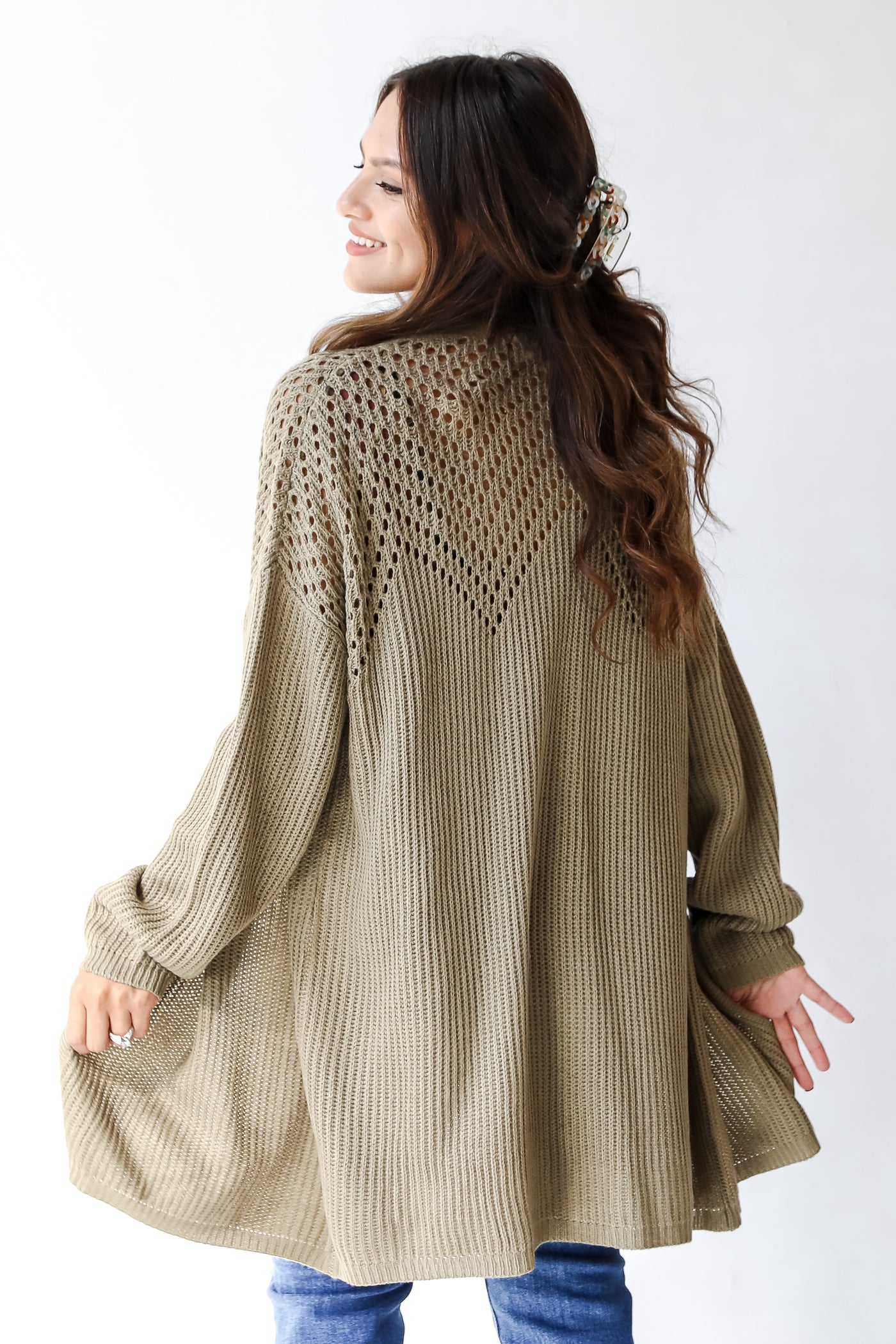 olive knit cardigan back view