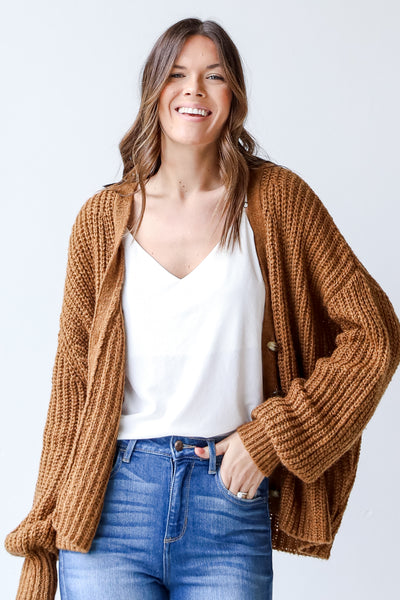 Sweater Cardigan in camel front view