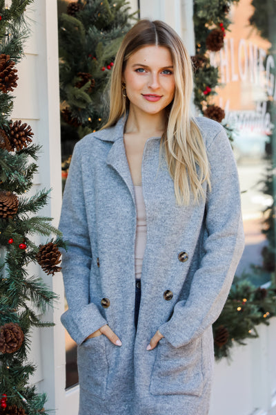 heather grey knit Coat on model