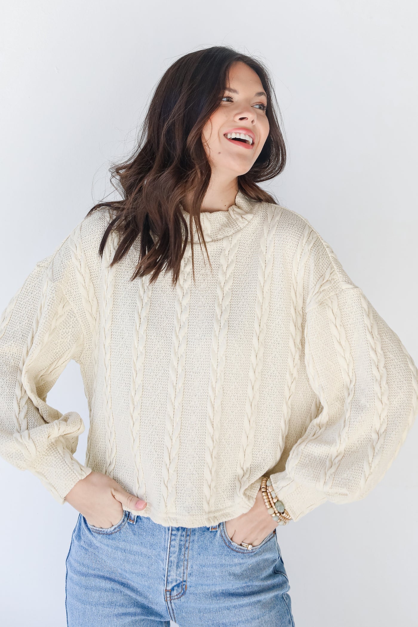 Cable Knit Top in ivory front view