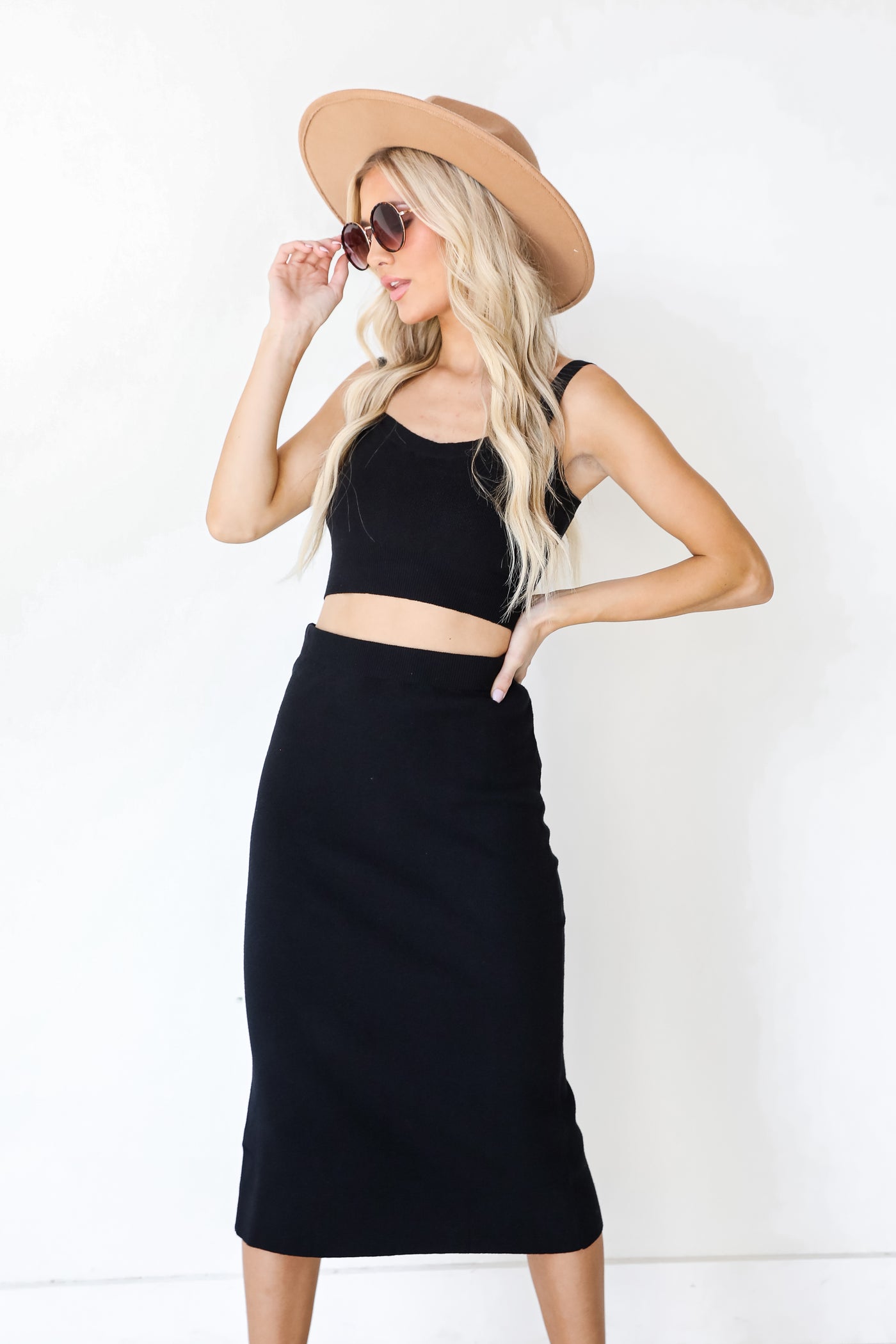 Knit Midi Skirt in black on model