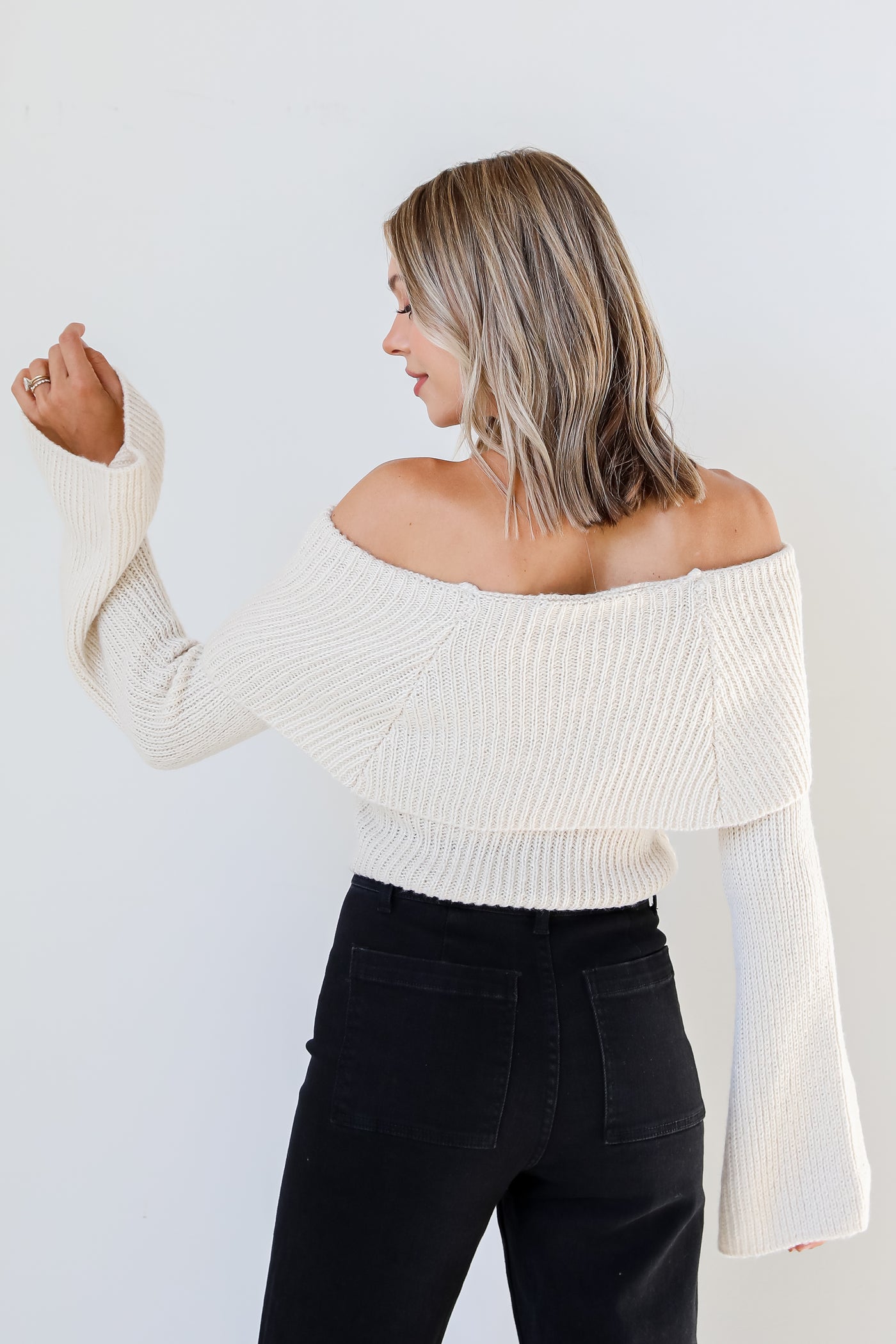 ivory Off-The-Shoulder Sweater back view