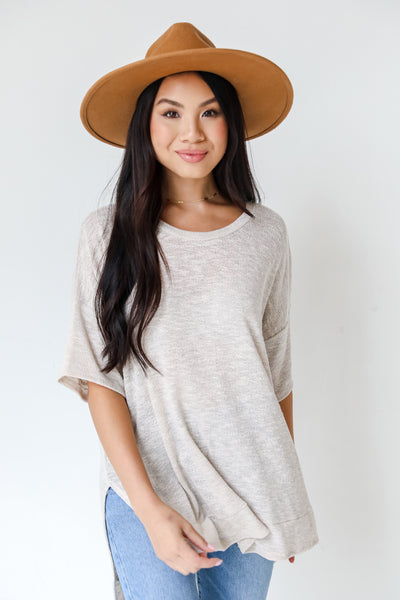 taupe Knit Tee on model