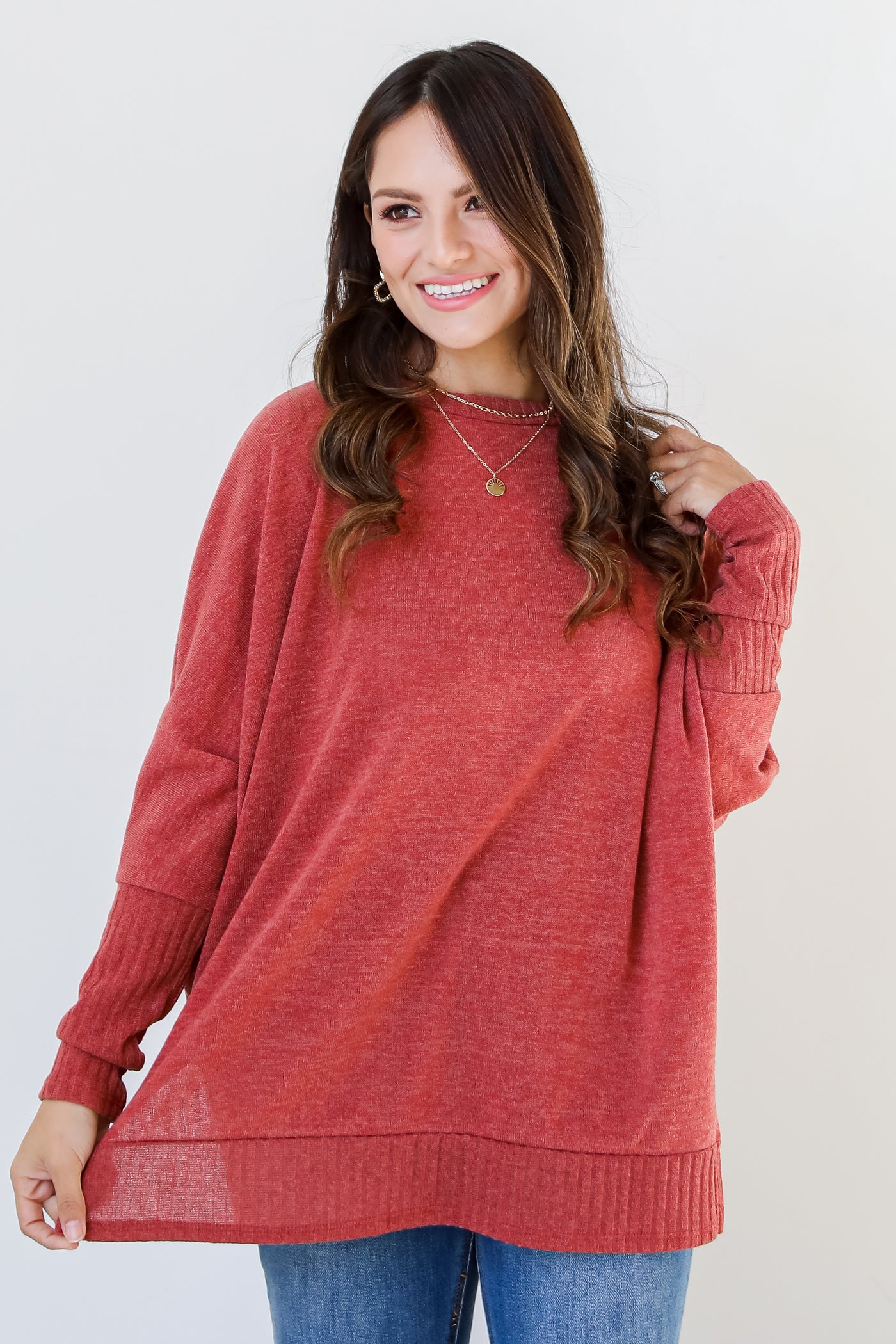red Knit Top on model