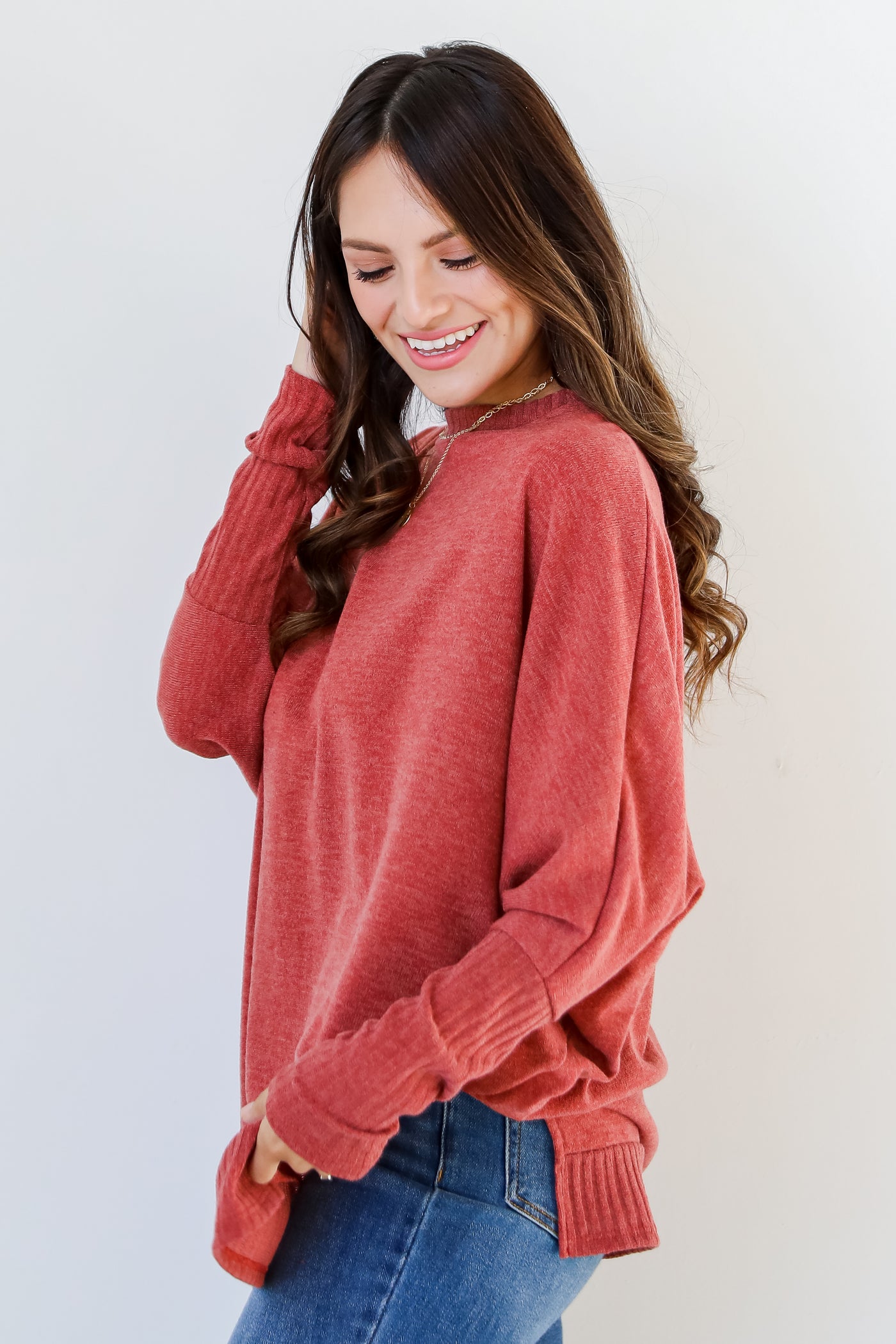 red Knit Top side view