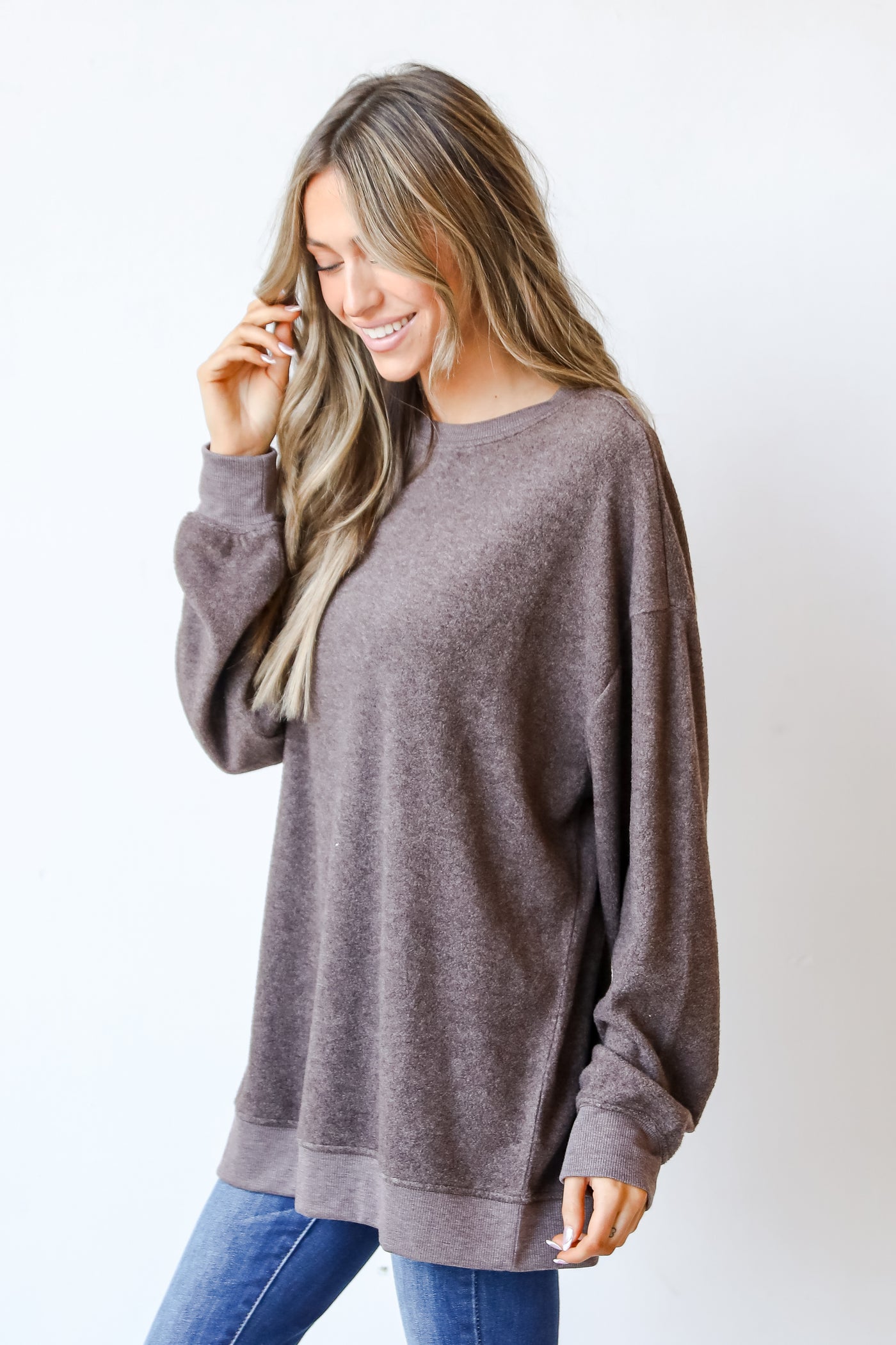 brown Fleece Pullover side view