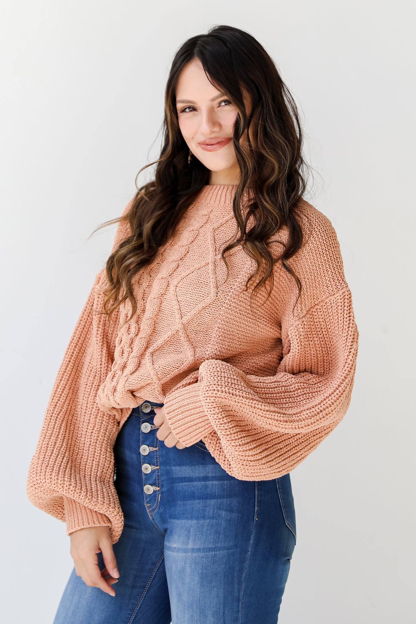 taupe Cable Knit Sweater side view
