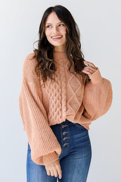taupe Cable Knit Sweater on model