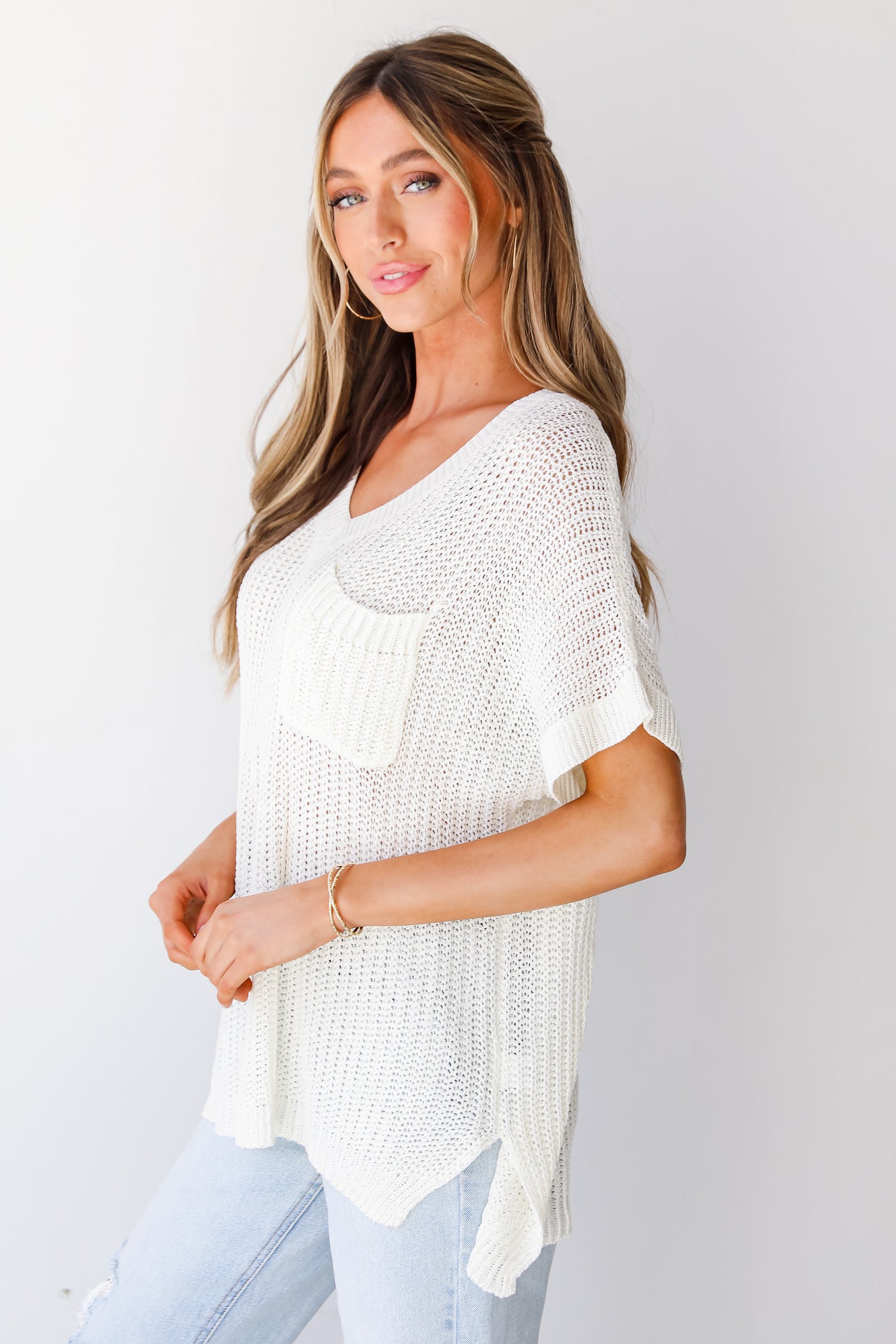 white Lightweight Knit Top side view