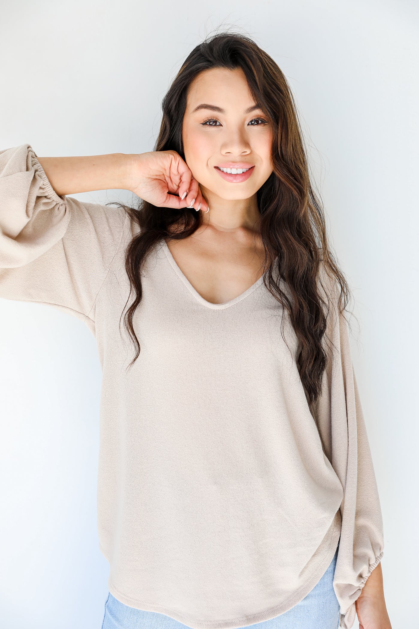 Knit Top in taupe on model