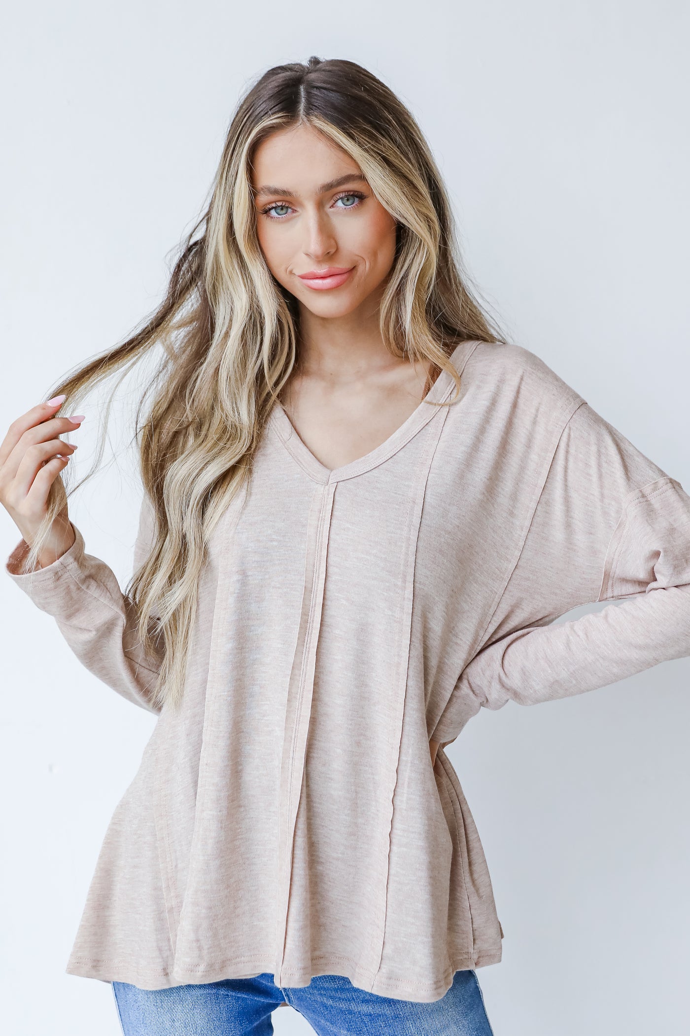 Jersey Knit Top in taupe front view