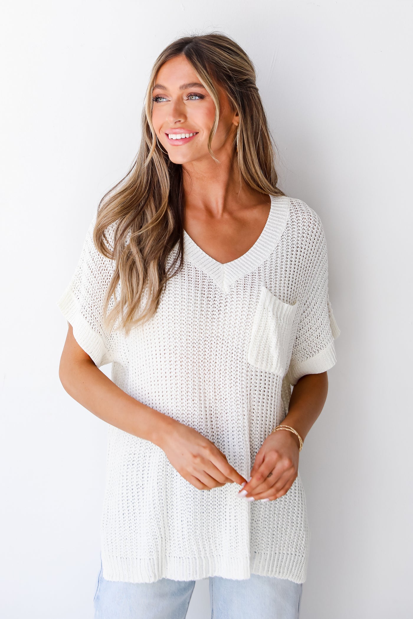 white Lightweight Knit Top on model