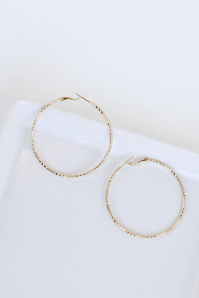 Gold Textured Large Hoop Earrings from dress up