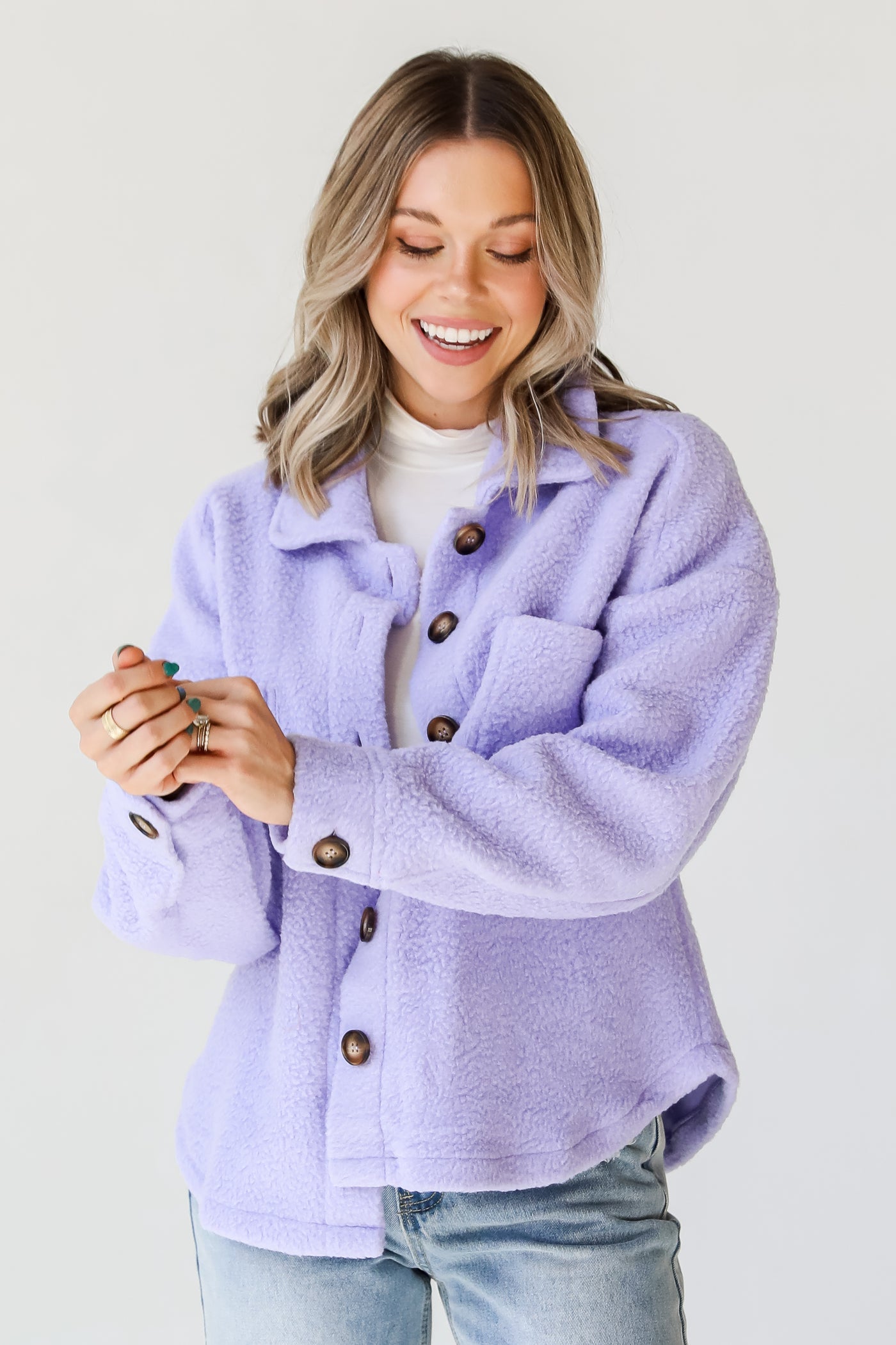 purple Sherpa Jacket on model