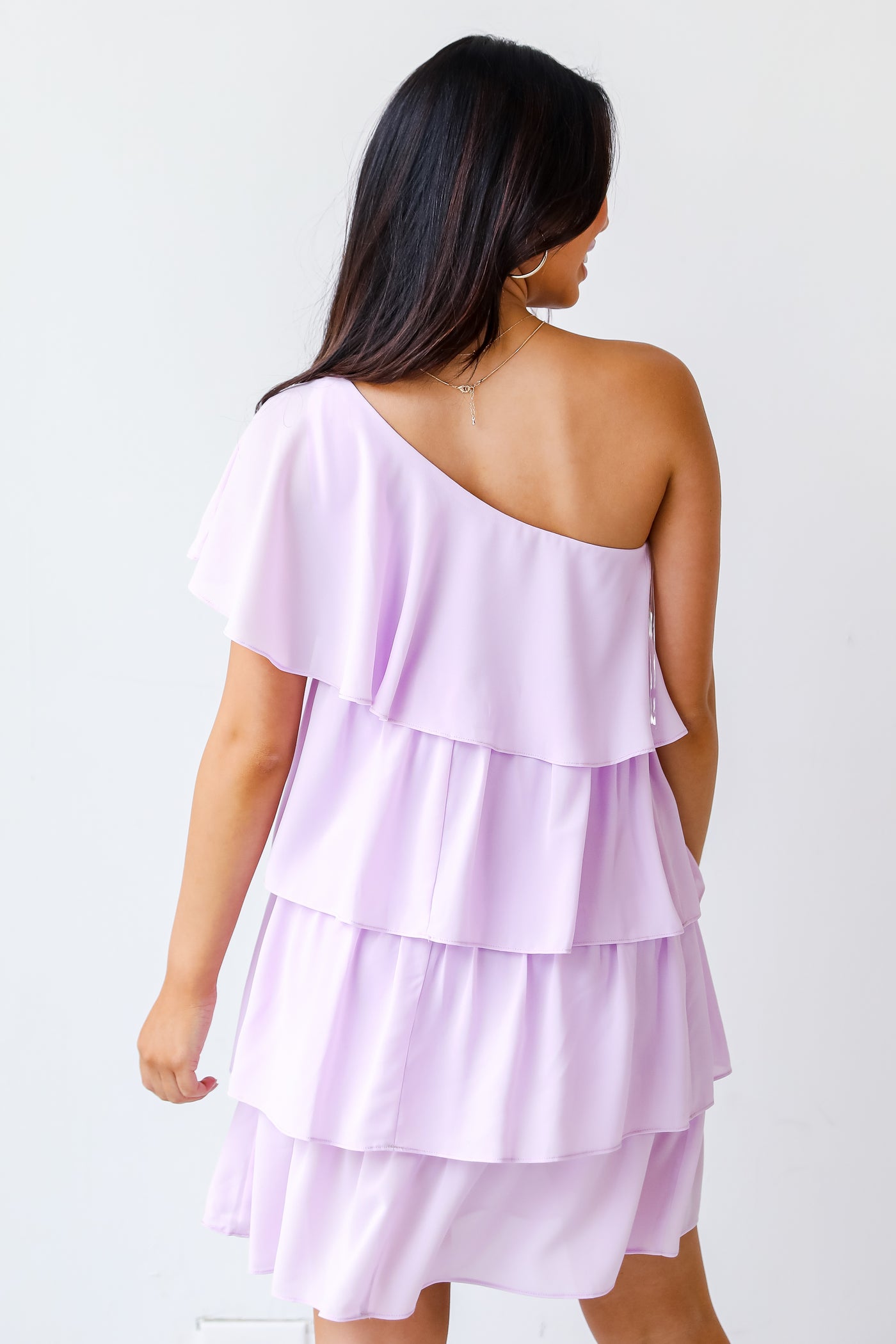 purple Tiered One-Shoulder Mini Dress back view