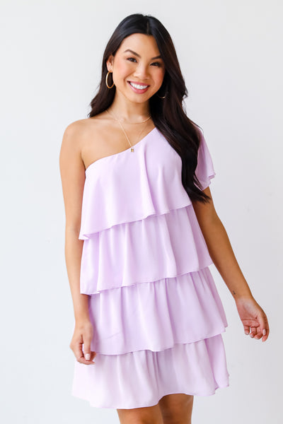 purple Tiered One-Shoulder Mini Dress