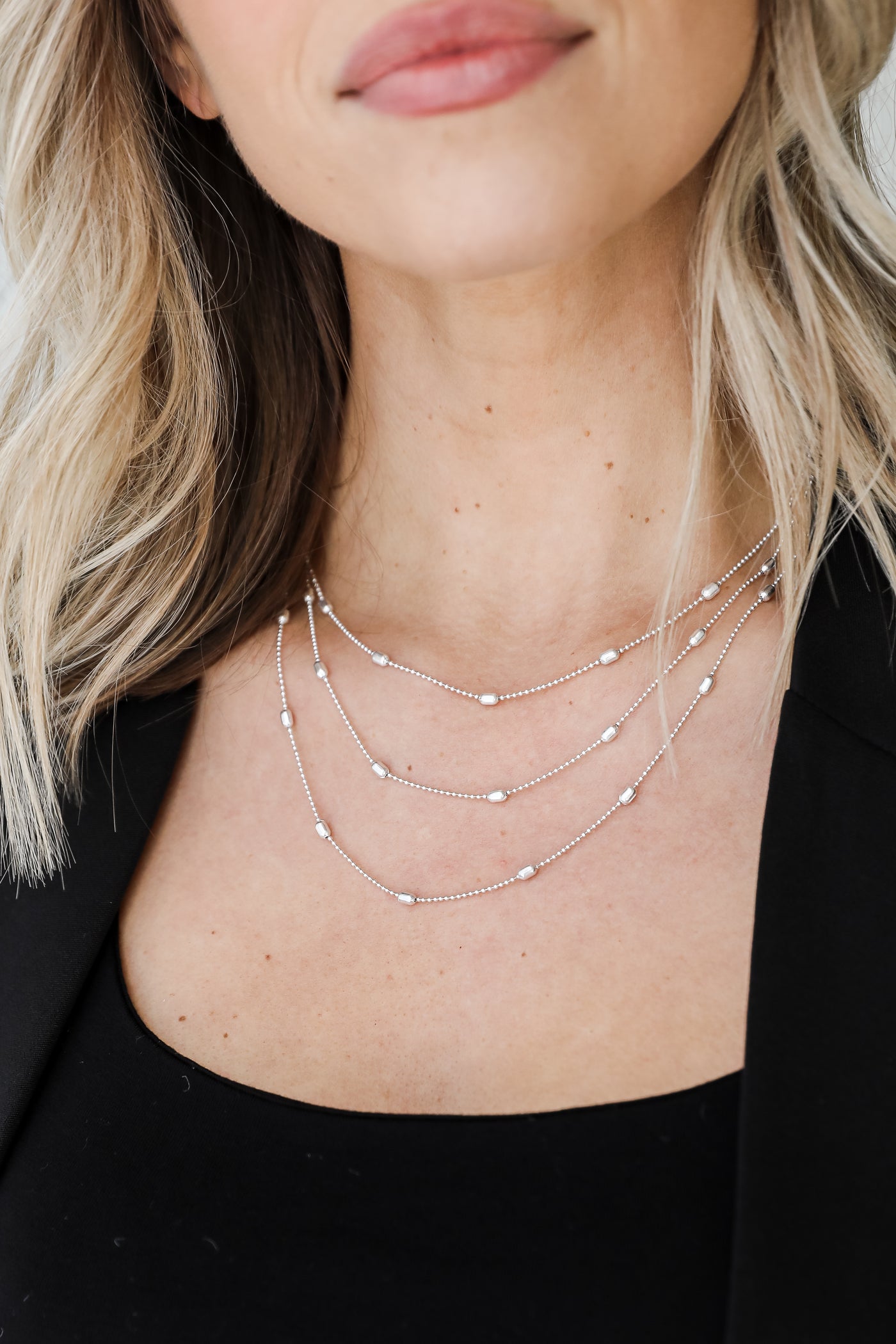 silver Layered Chain Necklace on model
