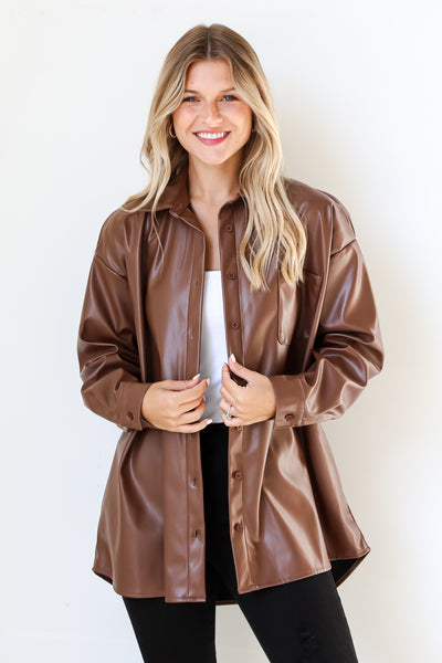 brown Leather Shacket on model