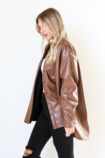 brown Leather Shacket side view