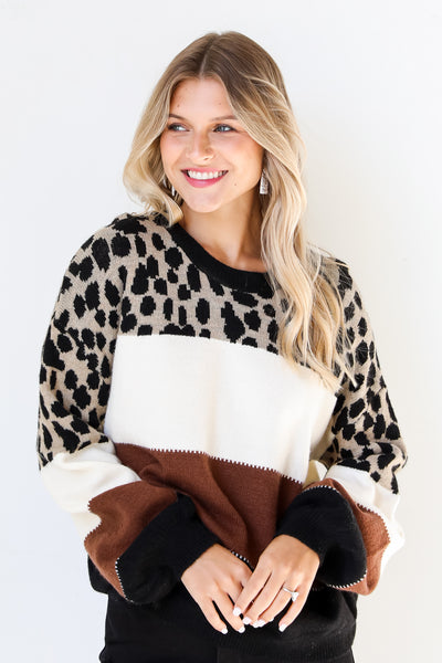 Leopard Color Block Sweater on model