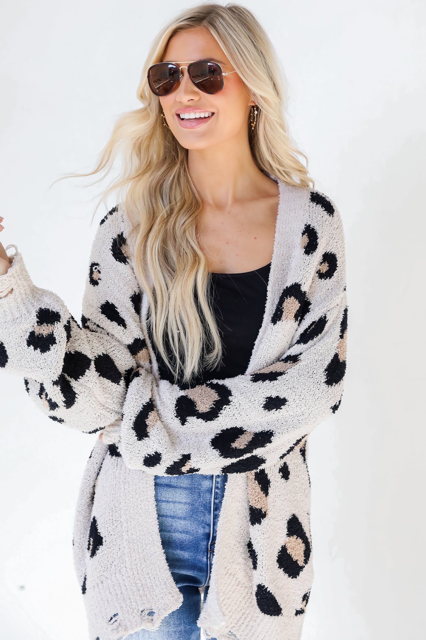 Leopard Sweater Cardigan in ivory on model