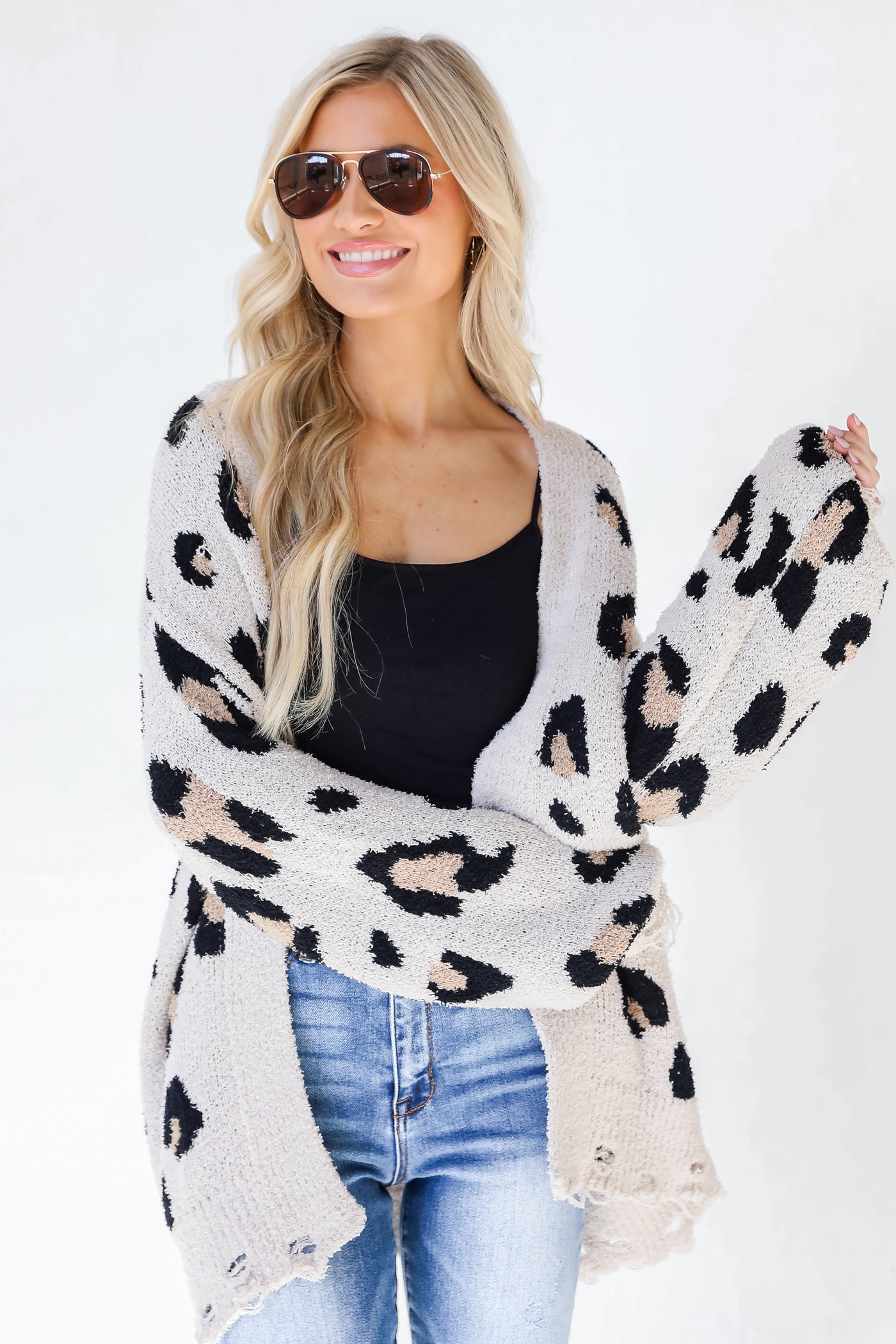 Leopard Sweater Cardigan in ivory on model