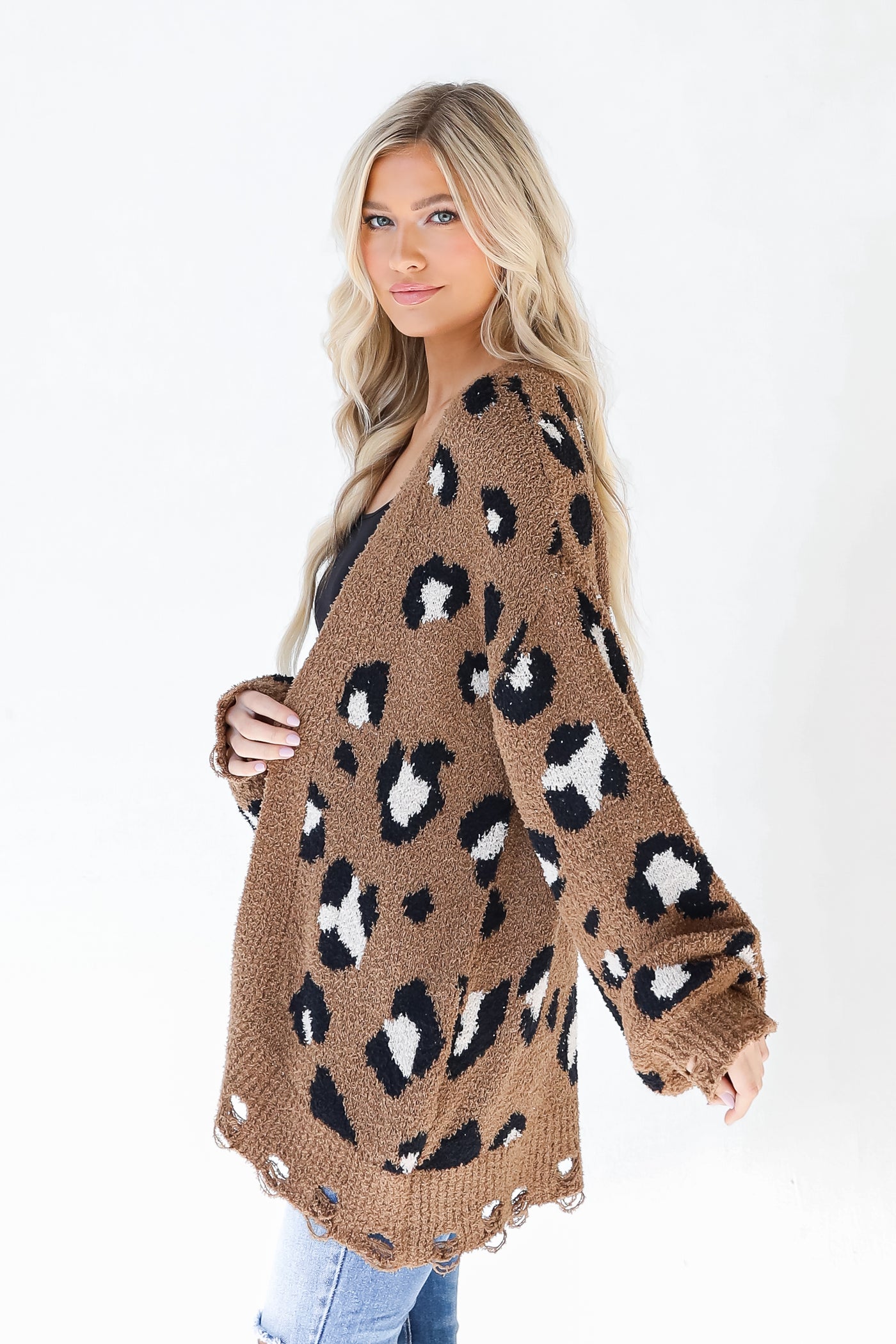Leopard Sweater Cardigan in mocha side view