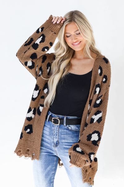 Leopard Sweater Cardigan in mocha front view