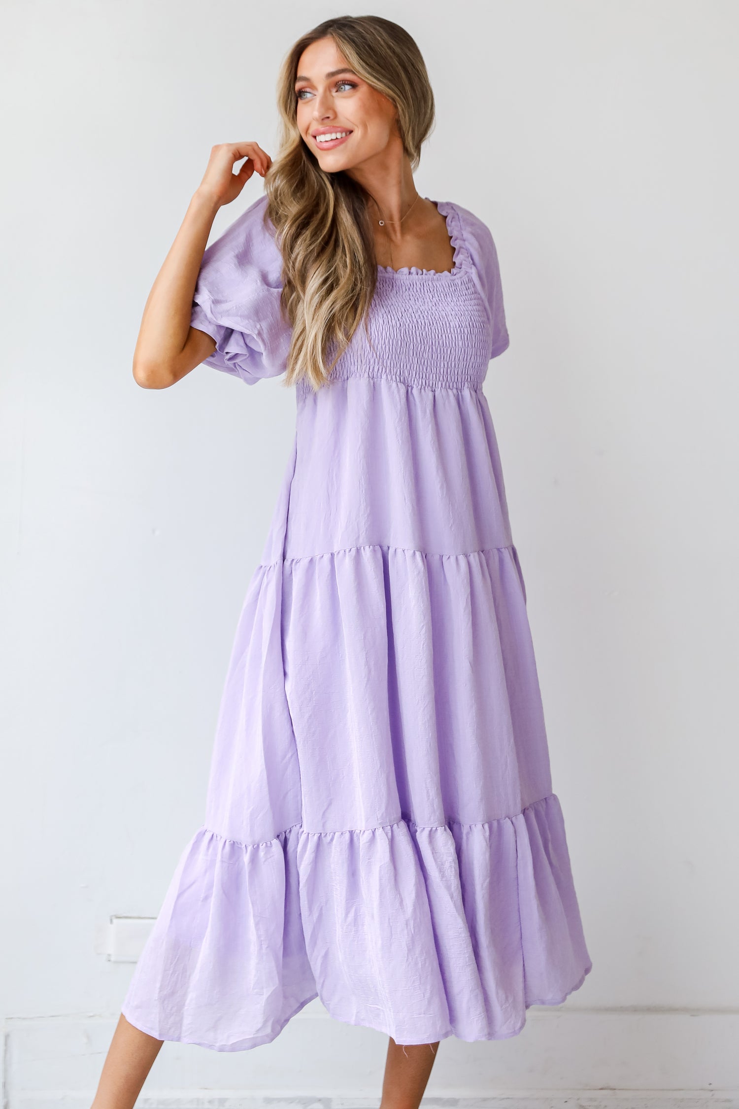 purple Tiered Midi Dress on dress up model