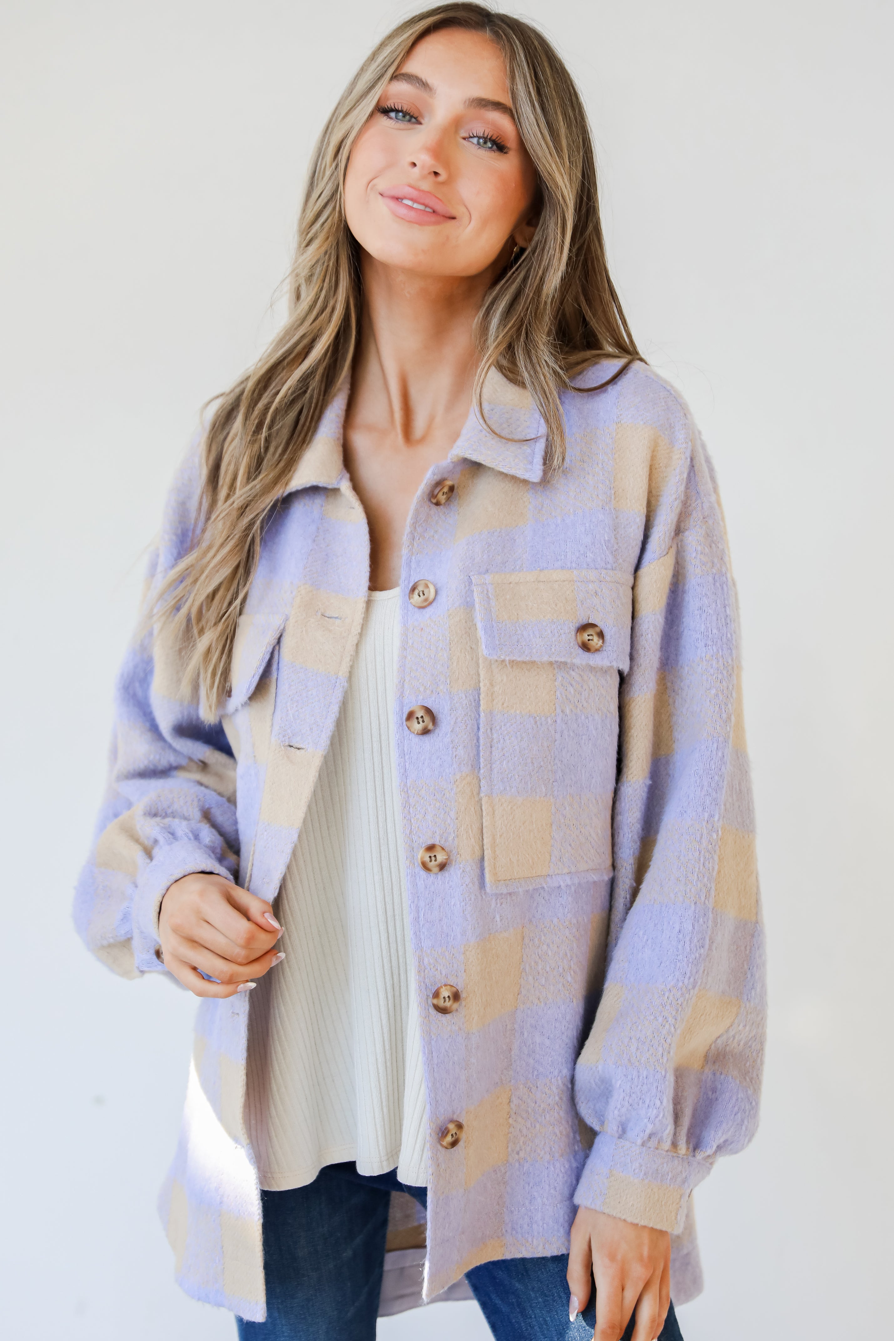 lavender Plaid Shacket on model