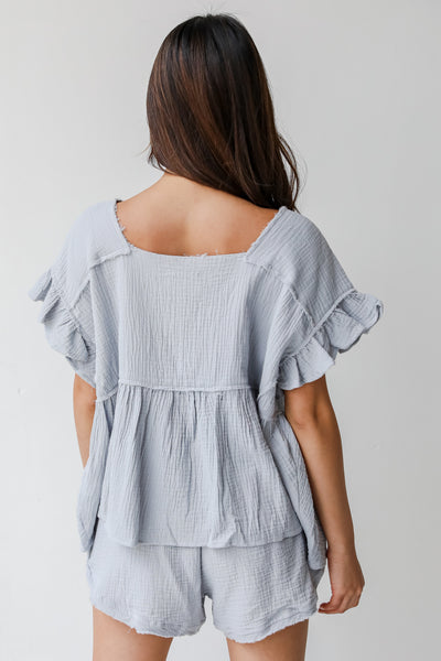 Linen Babydoll Top in light blue back view