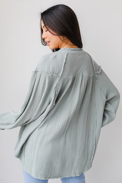Linen Blouse in sage back view