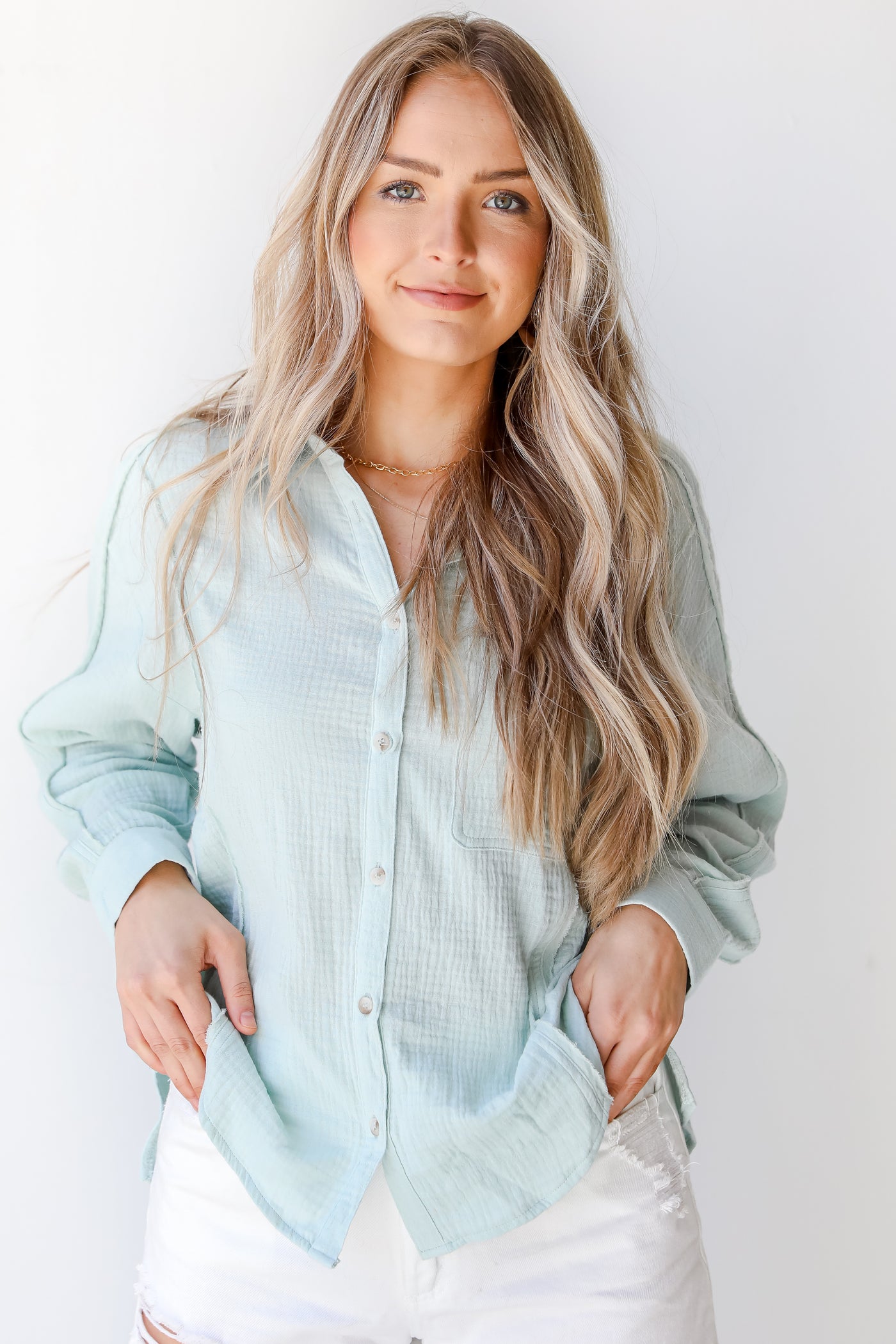 Linen Button-Up Blouse in sage