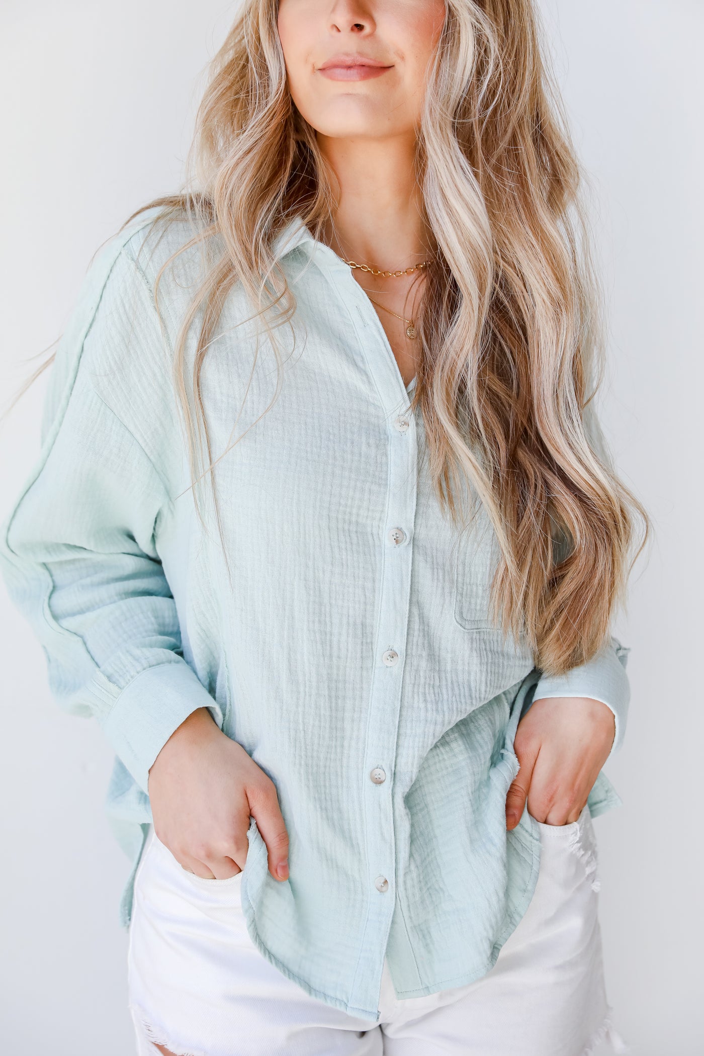 Linen Button-Up Blouse in sage close up