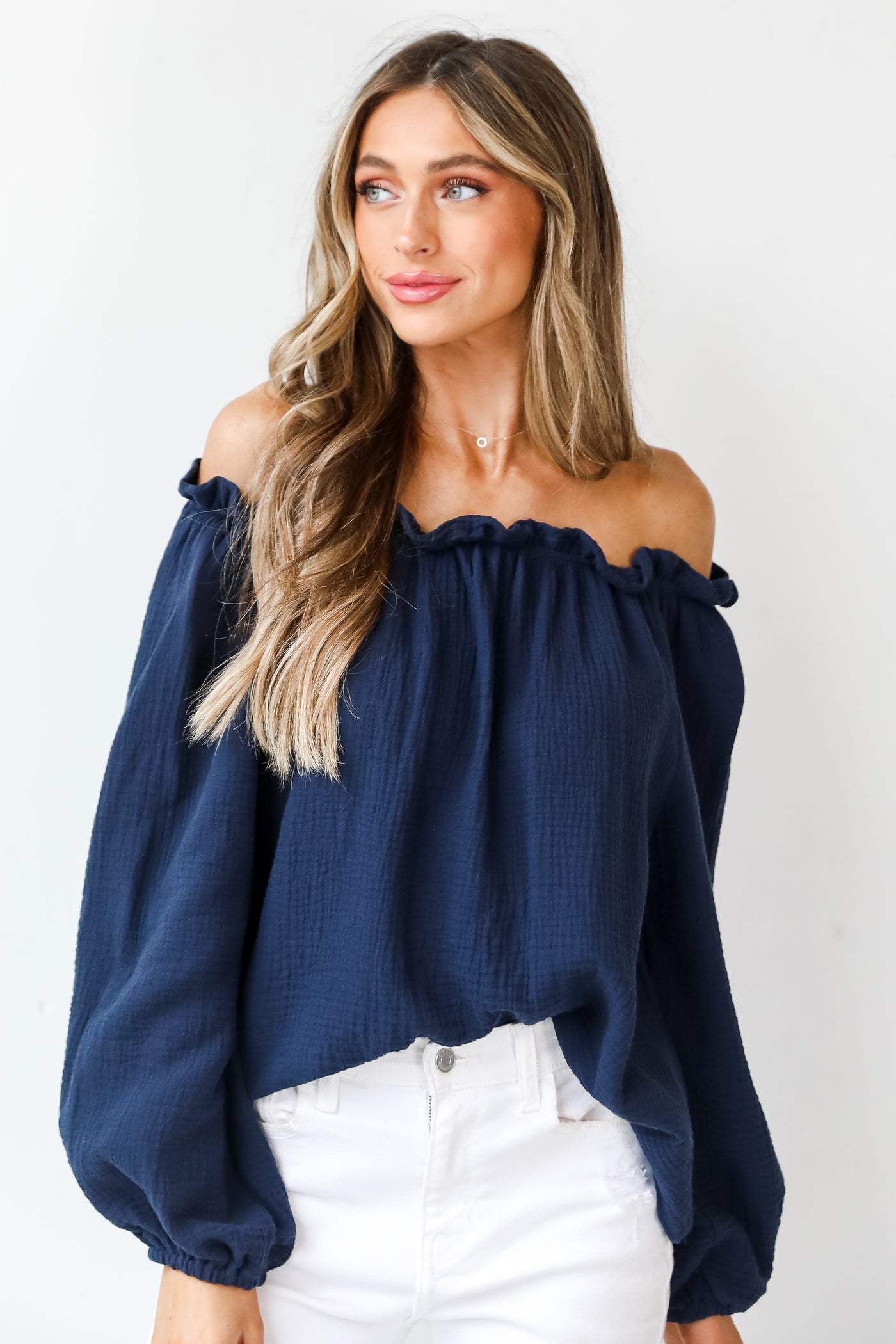 navy Linen off-the-shoulder Blouse front view
