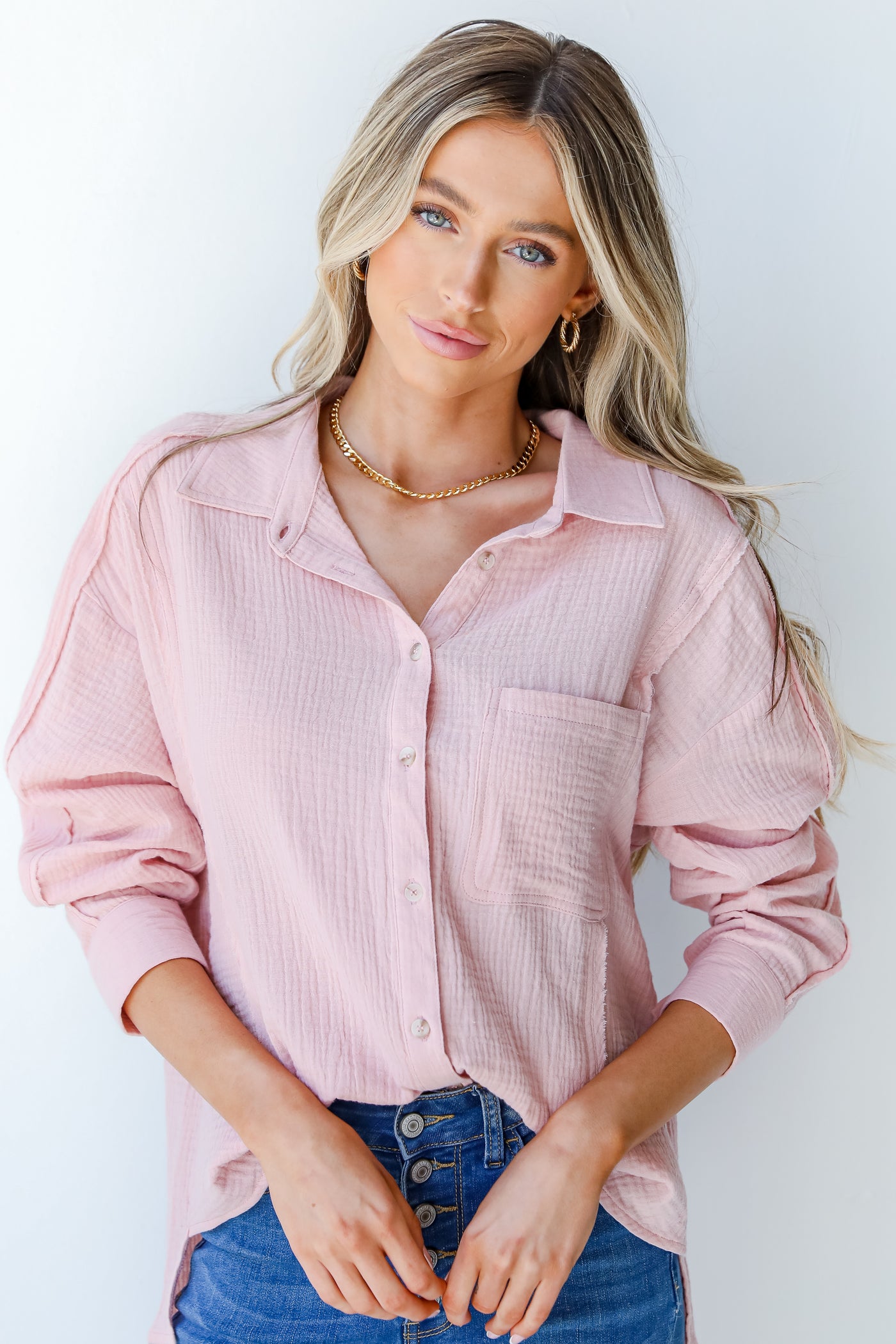 Linen Button-Up Blouse in blush