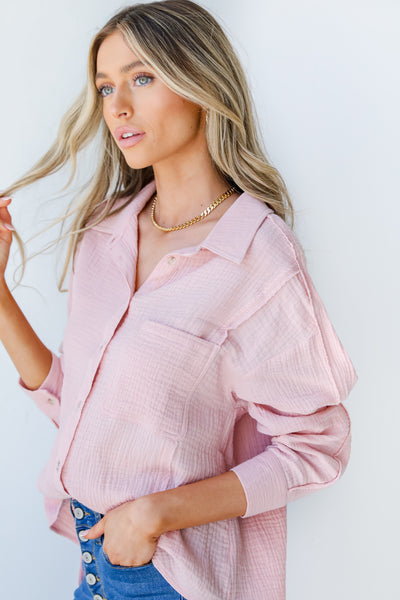 Linen Button-Up Blouse in blush side view