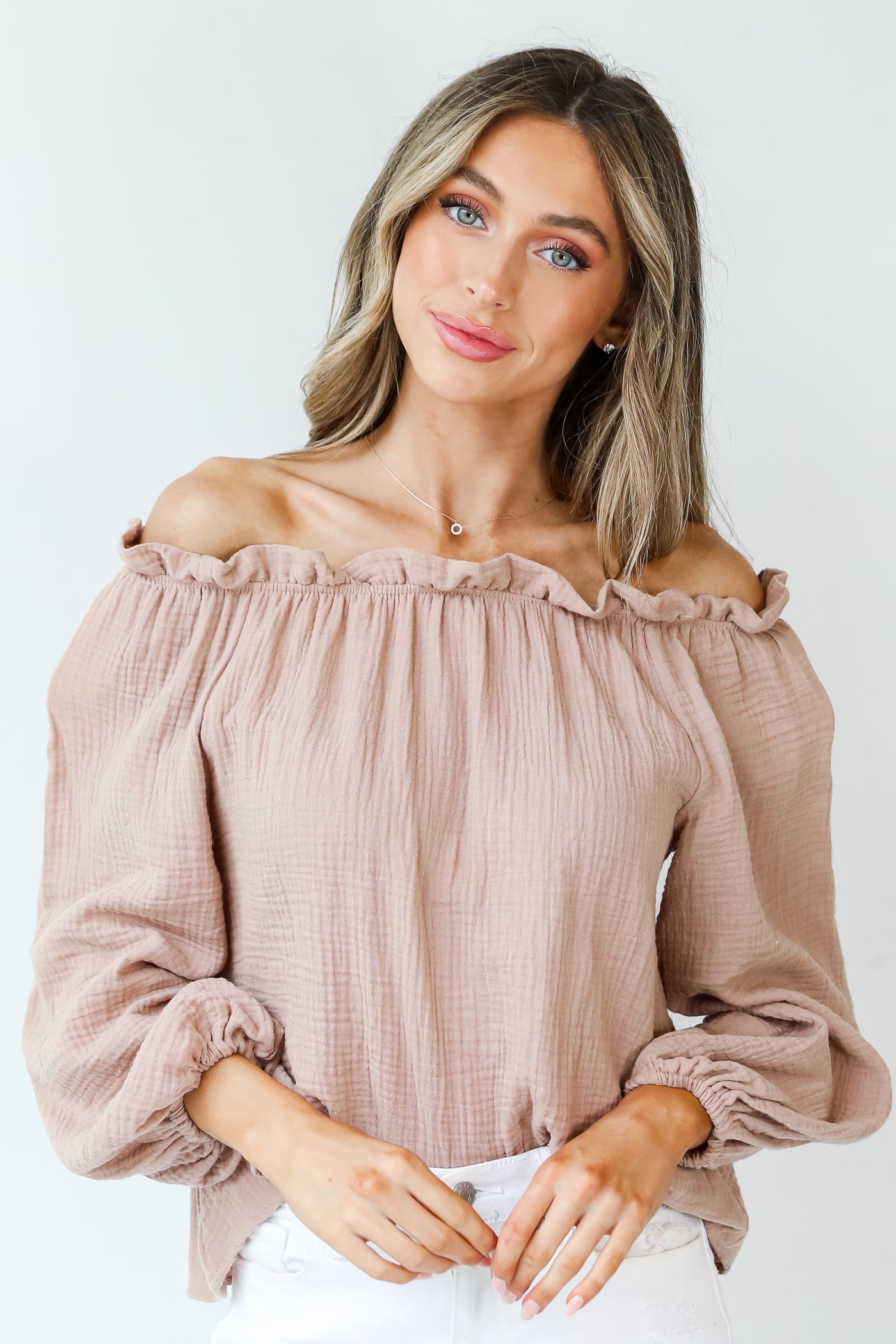 taupe Linen off-the-shoulder Blouse