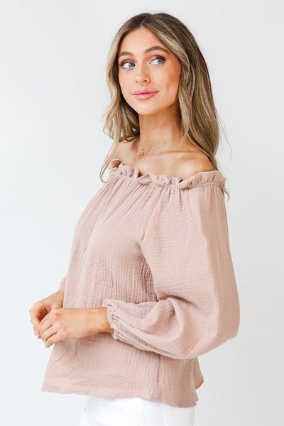 taupe Linen off-the-shoulder Blouse side view