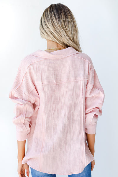 Linen Button-Up Blouse in blush back vieew