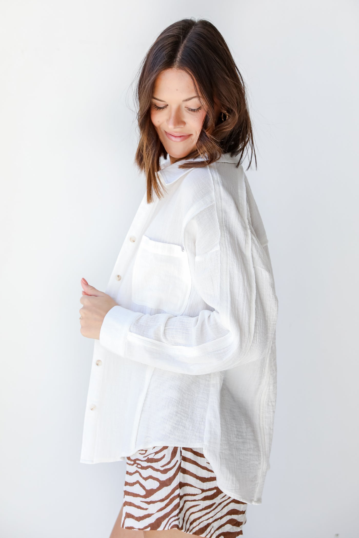 Linen Button-Up Blouse in white side view